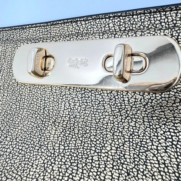 Coach Metallic Gold Pebble Leather Swagger Clutch Crossbody Chain Strap Turnlock - Picture 4 of 16